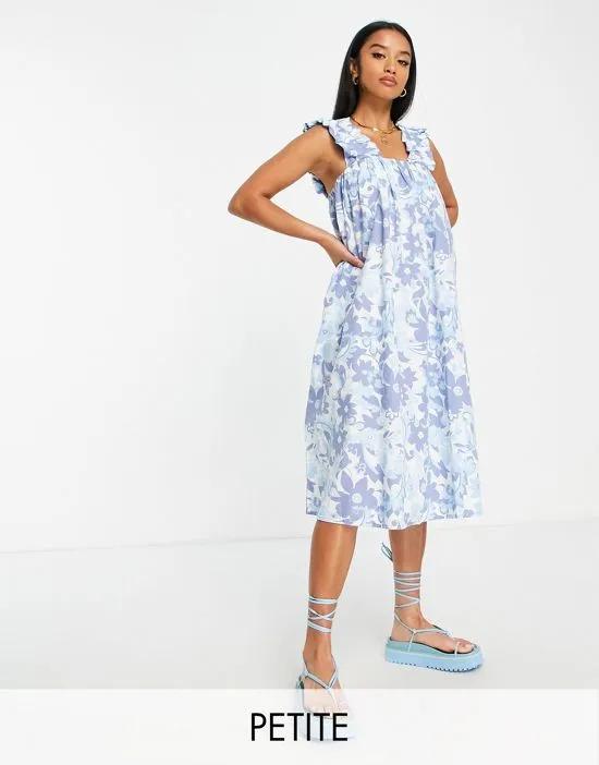 midi dress with shirred straps in blue floral