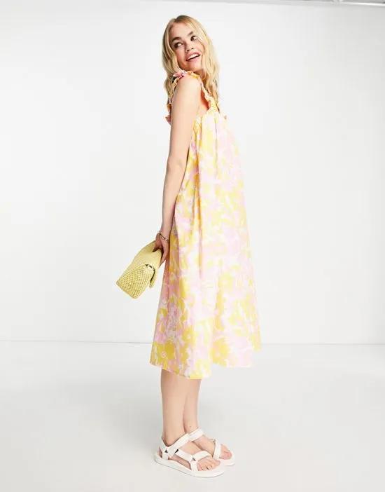 midi dress with shirred straps in pastel floral