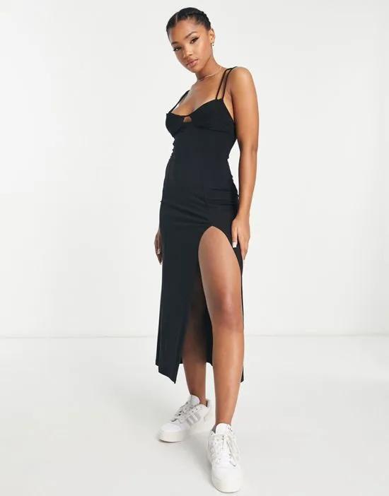 midi dress with thigh split detail in black