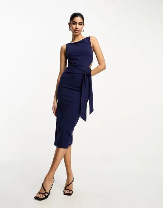 midi dress with tie skirt and side cut out in navy