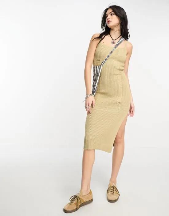 midi knitted dress with stitch distressing in neutral