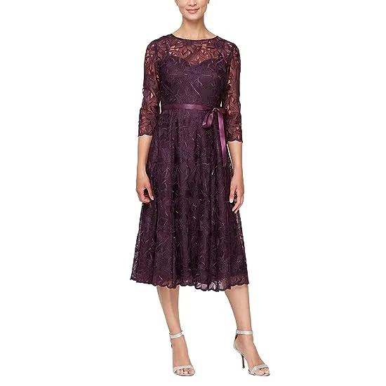 Midi Length Embroidered A-Line Dress with Tie Belt