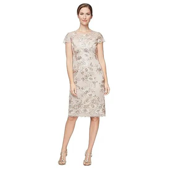 Midi Length Embroidered Cap Sleeve Dress with Illusion Neckline and Scallop Detail Hem