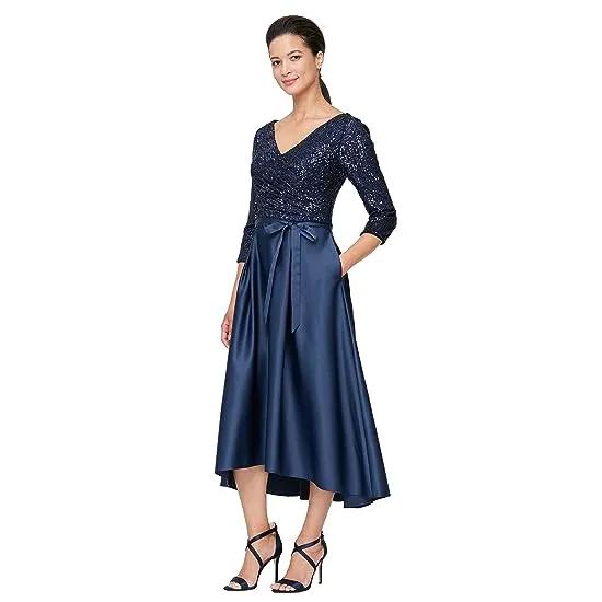 Midi Length Party Dress with Surplice Neckline, Tie Belt and Full Skirt