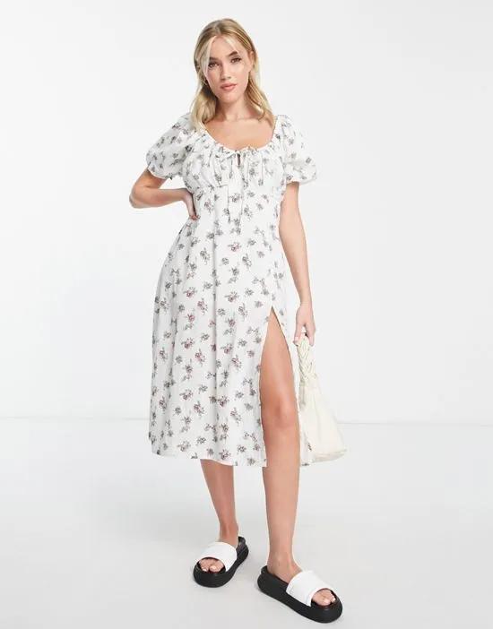 midi milkmaid tea dress in white floral
