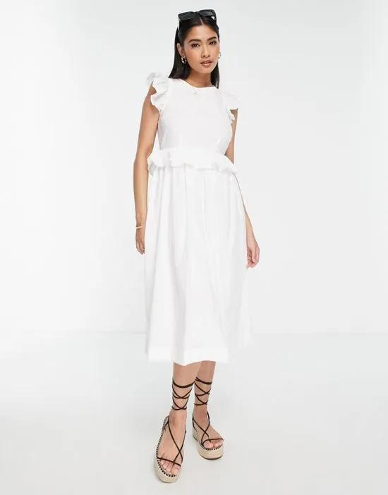 midi open tie back dress with frill detail in white