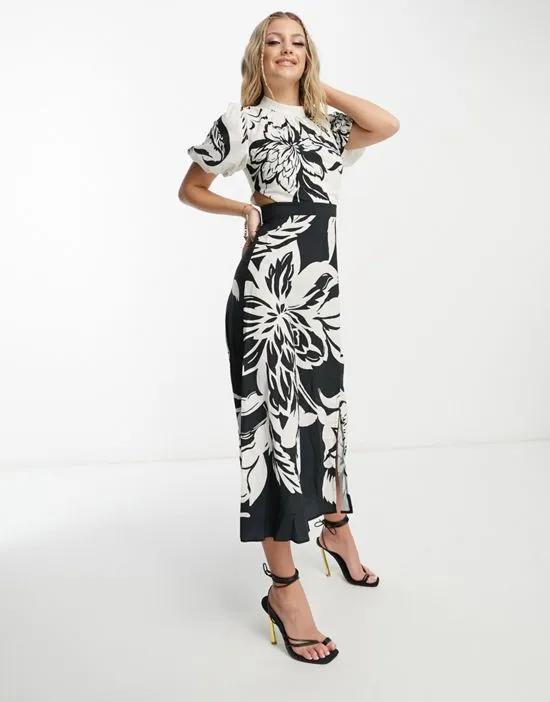 midi puff sleeve dress with open back detail in monochrome floral