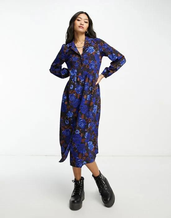 midi shirt dress in blue and brown floral