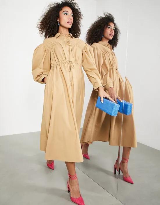midi shirt dress with drawstring and balloon sleeves in camel