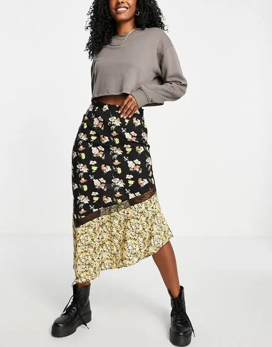 midi skirt with lace insert in spliced floral print