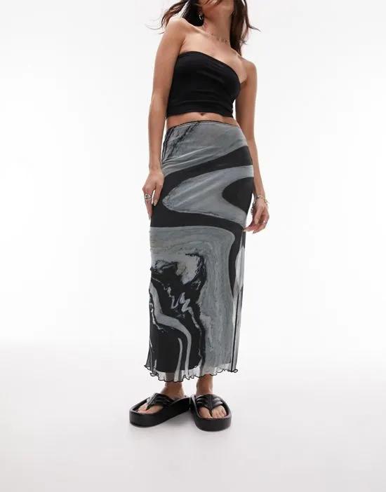 midi skirt with large marble placement monochrome print