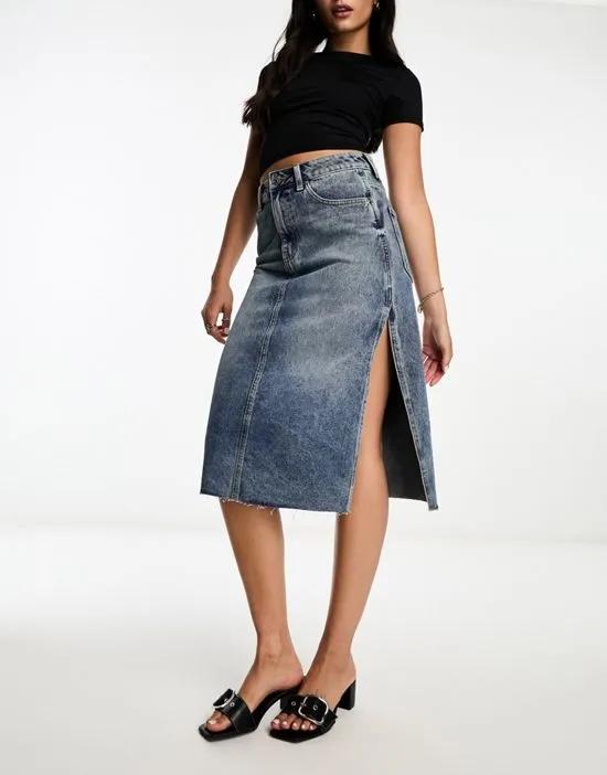 midi skirt with side split in midwash blue