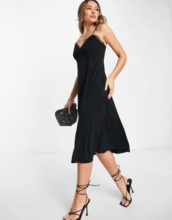midi slip dress with lace trim in black