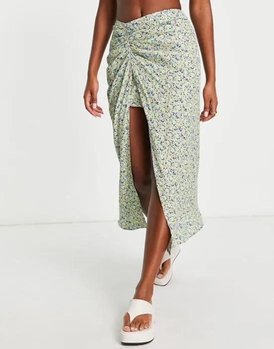 midi slip skirt with ruched side in floral print