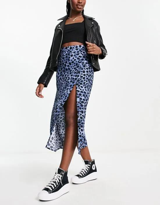 midi slip skirt with thigh split in dark blue leopard print
