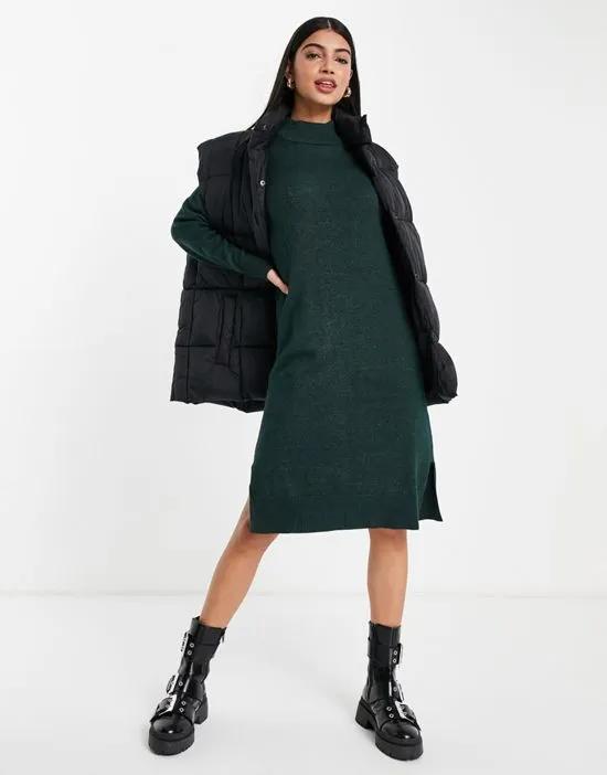 midi sweater dress with ribbed high neck and side splits in green