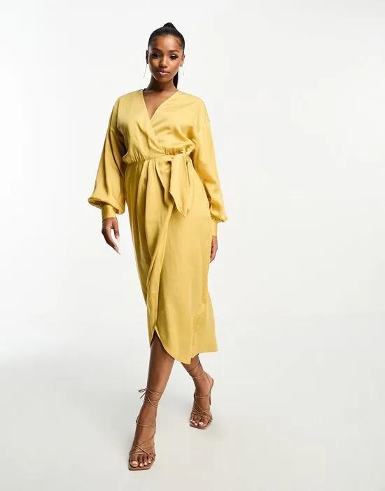 midi wrap dress in dusty yellow