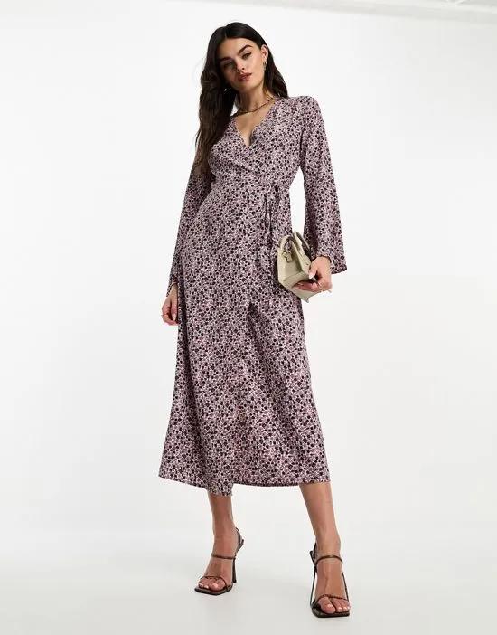 midi wrap dress with fluted sleeves in brown purple floral