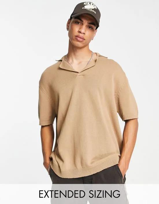 midweight knitted notch neck polo shirt in brown