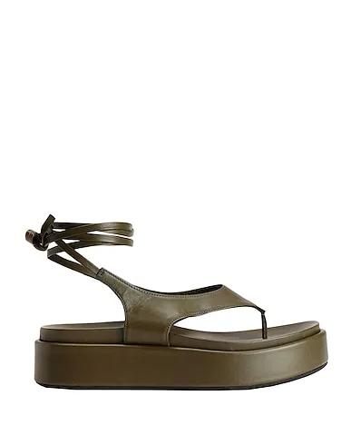 Military green Flip flops LEATHER LACE-UP THONG FLATFORM WEDGE
