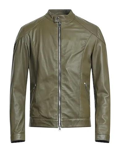 Military green Leather Biker jacket