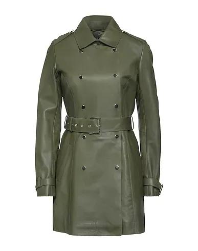 Military green Leather Double breasted pea coat