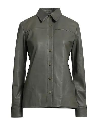 Military green Leather Solid color shirts & blouses
