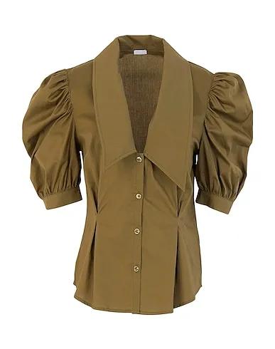 Military green Solid color shirts & blouses COTTON PUFF  SLEEVE BLOUSE
