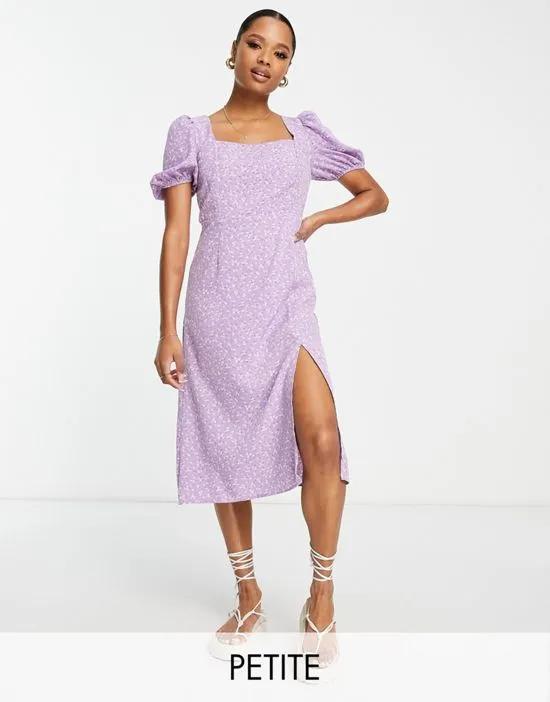 milkmaid midi tea dress with tie back in lilac floral