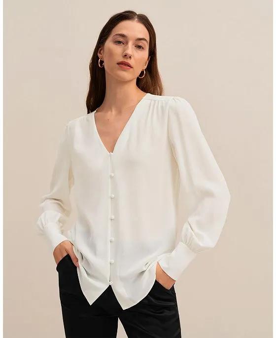 MIM Covered Button Silk Blouse for Women