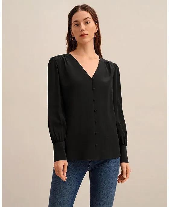MIM Covered Button Silk Blouse for Women