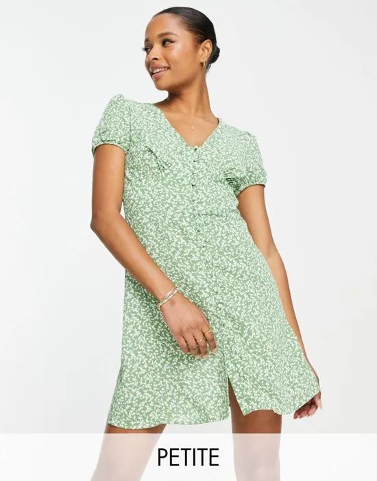 mini button front tea dress in green spring floral