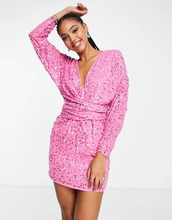 mini dress with batwing sleeve and wrap waist in scatter sequin in pink