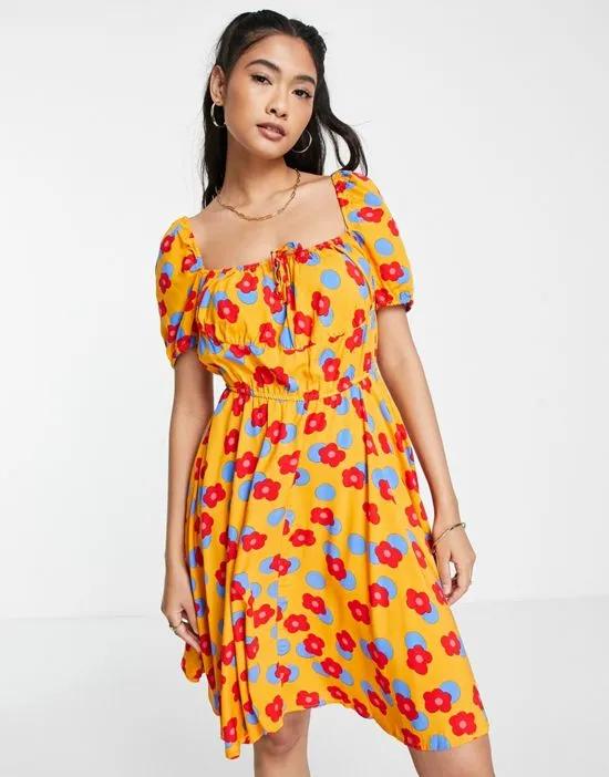 mini dress with bust detail in orange retro floral