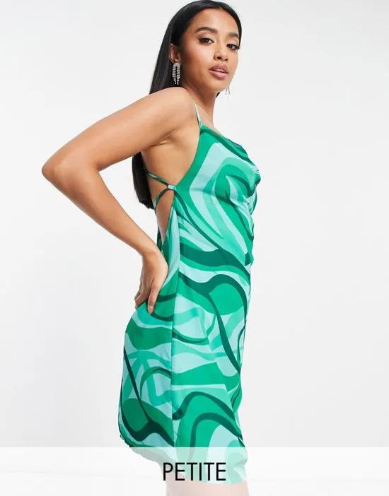 mini dress with cowl neck in green swirl print