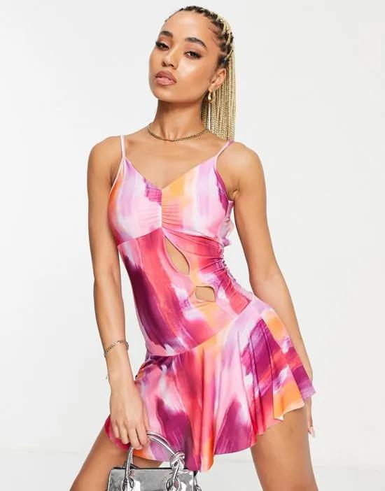 mini dress with cut out detail in pink print