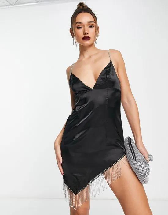 mini dress with diamante fringe in black