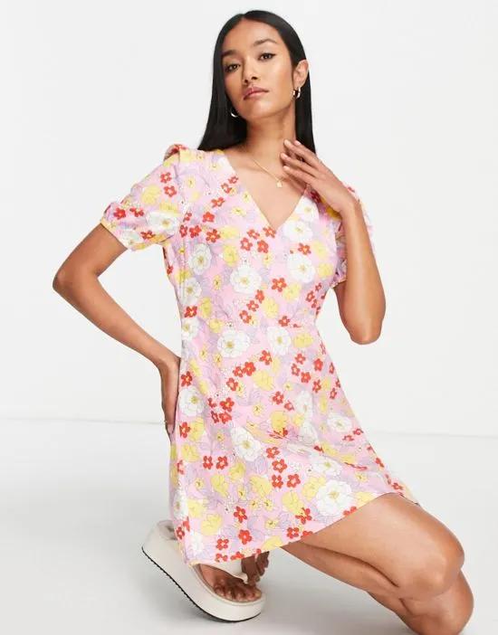 mini dress with knot open back in retro floral
