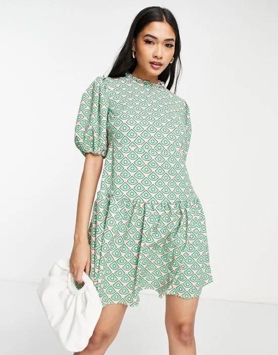 mini dress with puff sleeves in green and pink retro print