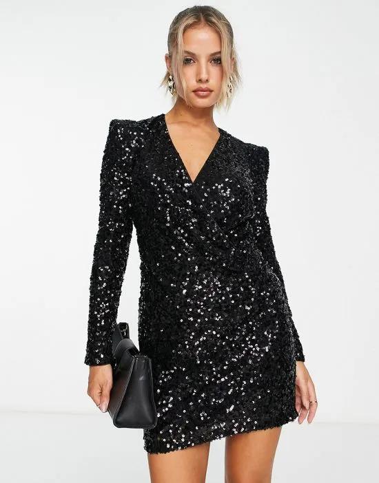 mini dress with shoulder pads in black sequin