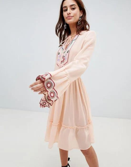 Mini Embroidered Plunge Neck Beach Dress With Frill Layer