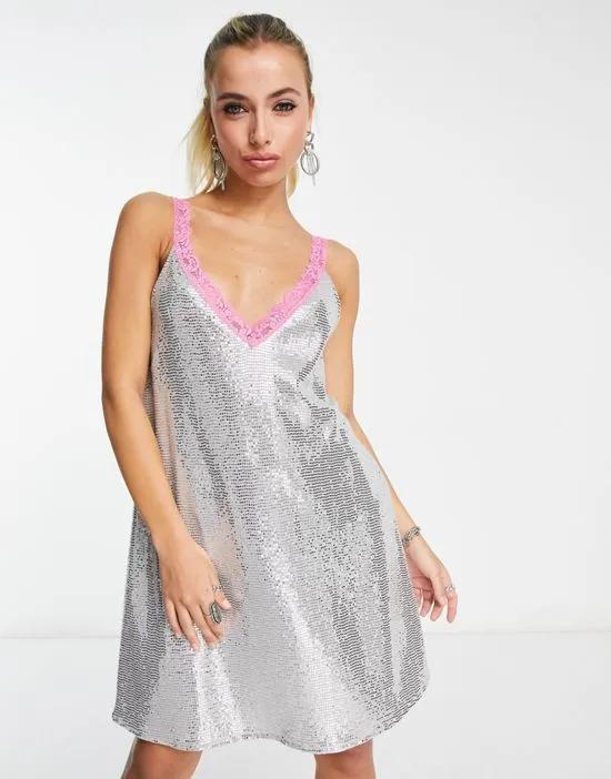 mini metallic sparkle cami dress with contrasting lace trim