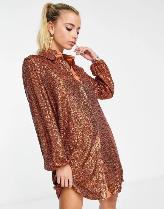 mini metallic sparkle shirt dress in rust