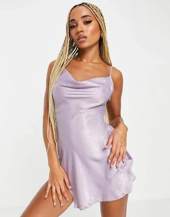 mini satin cowl neck slip dress in lilac