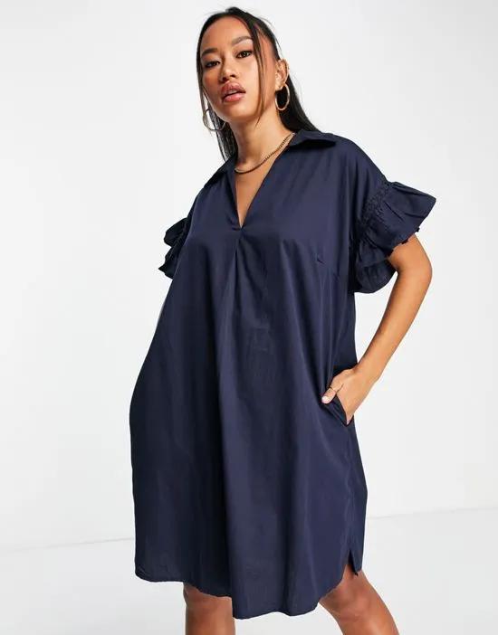 mini shirt dress with flutter sleeve in navy