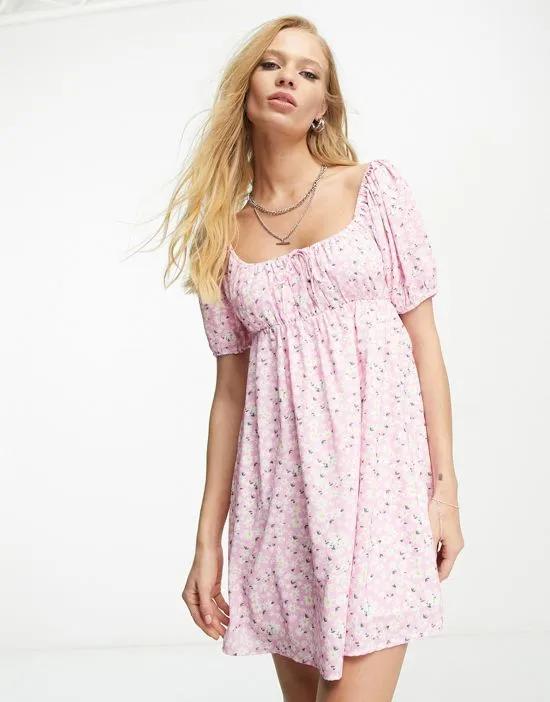 mini smock dress in pink floral with puff sleeves