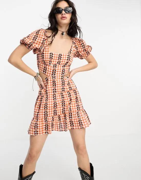 mini smock dress with cut out back in gingham print