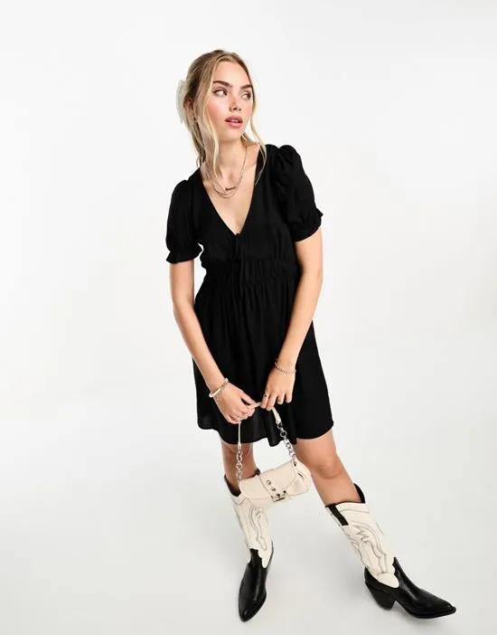 mini smock dress with puff sleeves in black
