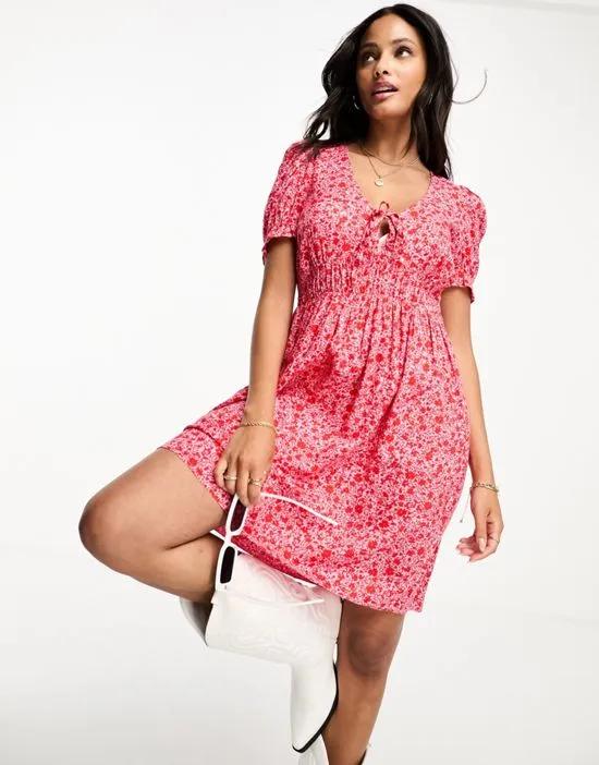 mini smock dress with puff sleeves in pink ditsy floral print