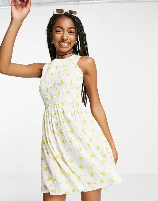 mini smock dress with shirring detail in white yellow ditsy floral